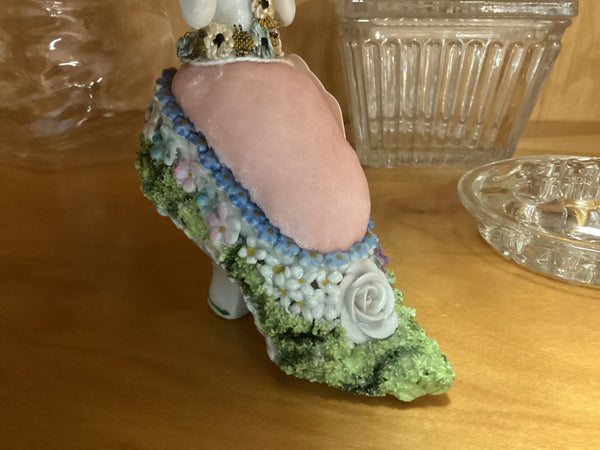 Bisque Figural Lady in a Shoe Pin Cushion