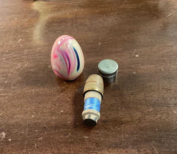 Miniature Wooden Egg Shaped Sewing Kit w/Thimble & Thread