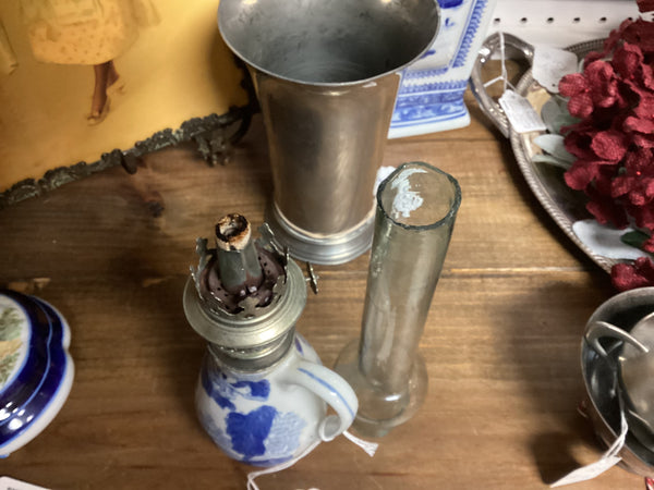 Blue & White Ironstone Oil Lamp with Glass Chimney