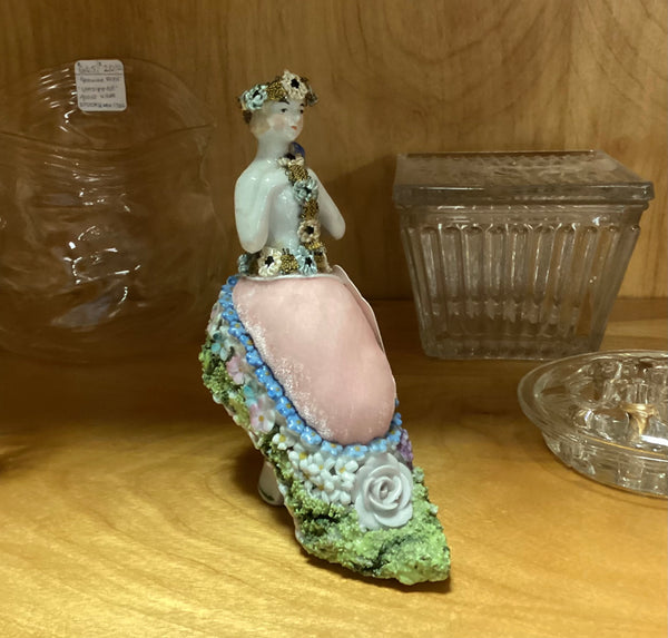 Bisque Figural Lady in a Shoe Pin Cushion
