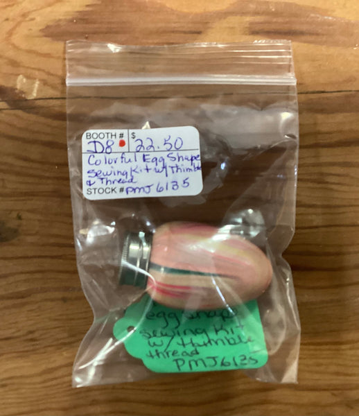 Miniature Wooden Egg Shaped Sewing Kit w/Thimble & Thread