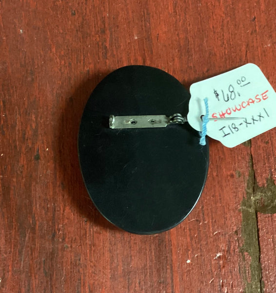 Black Oval Bakelite Cameo Brooch