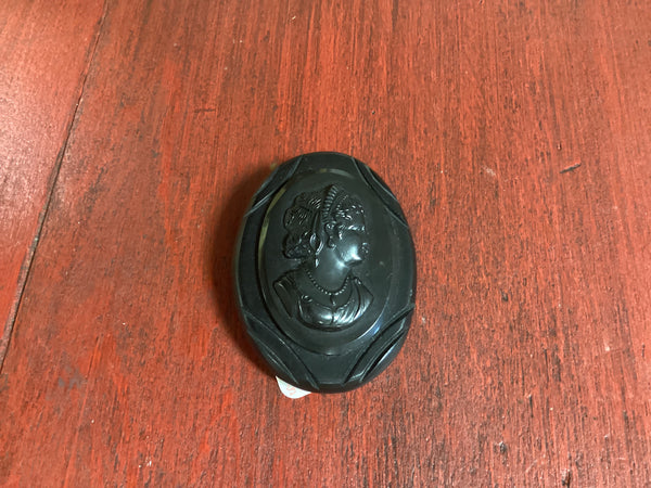 Black Oval Bakelite Cameo Brooch