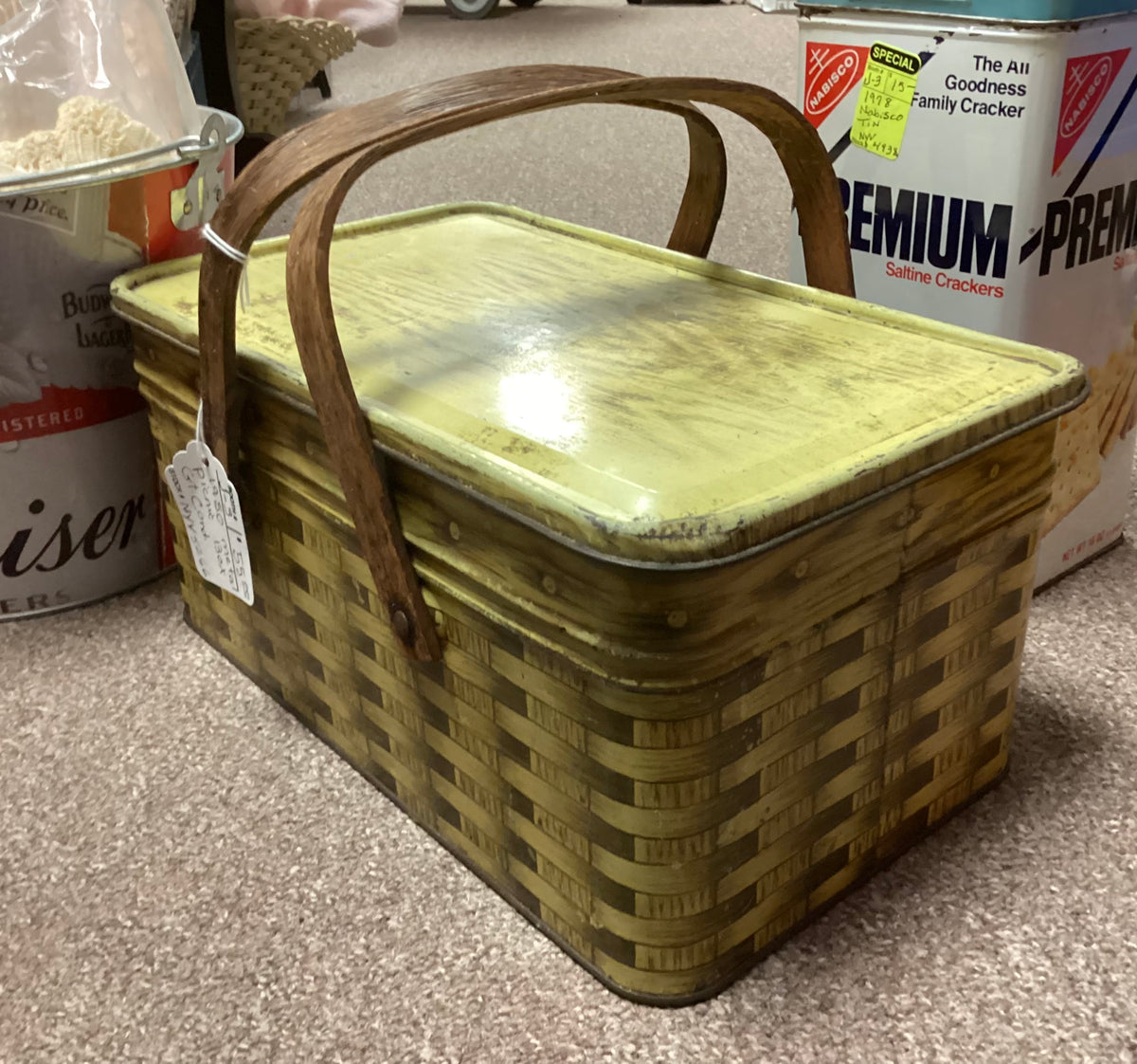 Vintage Tin Picnic Basket With Wood Handles, Decoware Kitchen Ware buying Litho Print