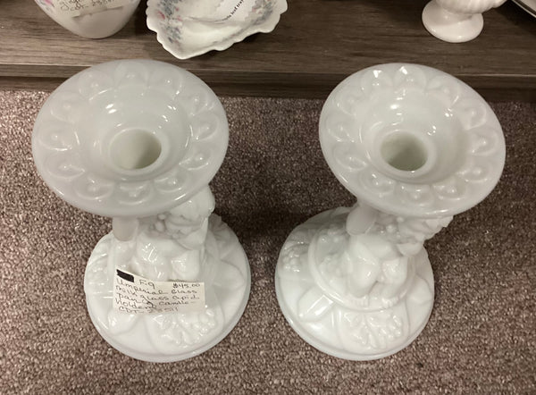 Imperial Glass Co. White Milk Glass Cherub Candle Holders Pair