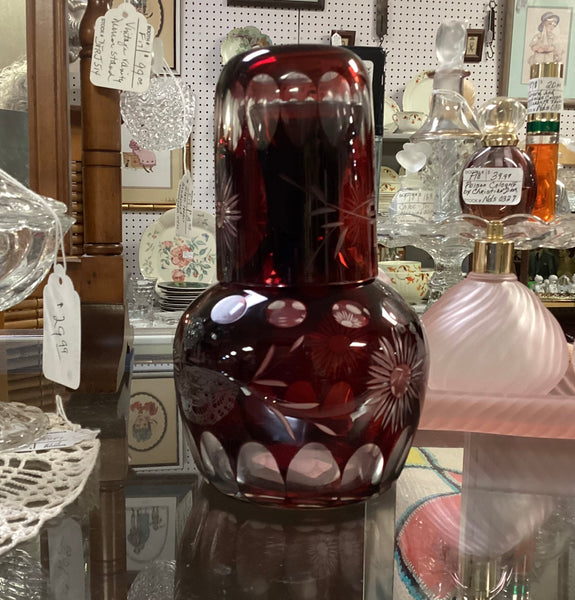 Czech Bohemian Ruby Red Cut to Clear Tumble Up Bedside Water Carafe