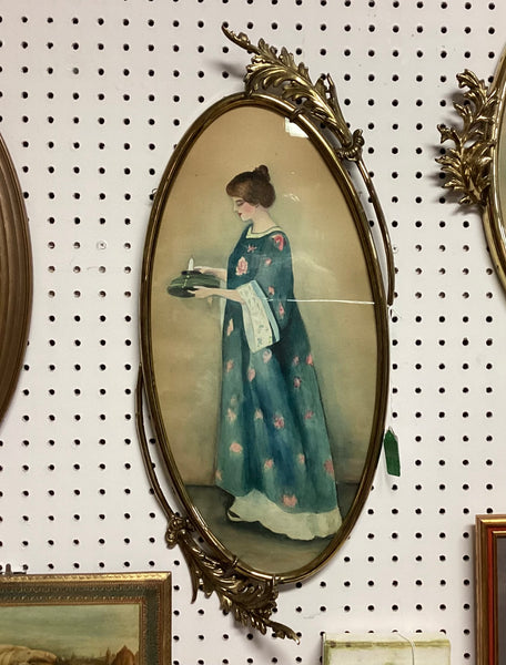 Antique Oval Ornate Metal Frame w/ Print of Woman