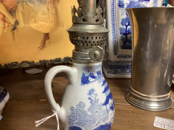 Blue & White Ironstone Oil Lamp with Glass Chimney