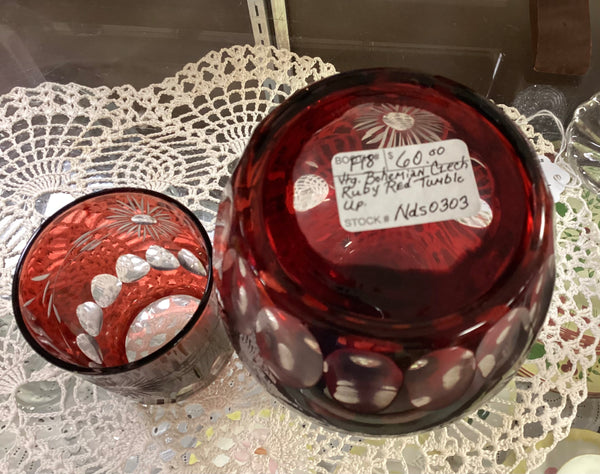 Czech Bohemian Ruby Red Cut to Clear Tumble Up Bedside Water Carafe