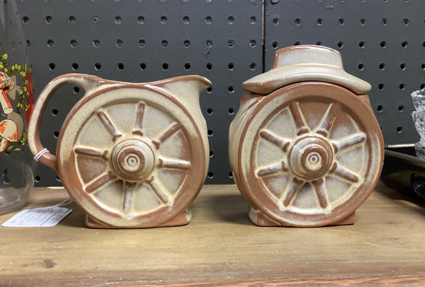 Frankoma Desert Gold Wagon Wheel Creamer & Sugar Bowl w/ Lid