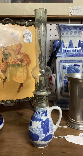Blue & White Ironstone Oil Lamp with Glass Chimney
