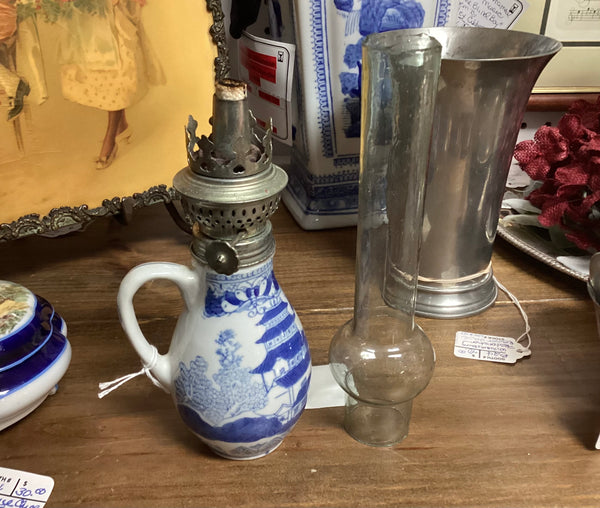 Blue & White Ironstone Oil Lamp with Glass Chimney