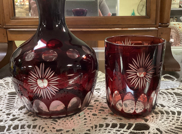 Czech Bohemian Ruby Red Cut to Clear Tumble Up Bedside Water Carafe