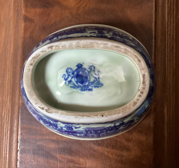 Ironstone Pudding Mold Blue Victorian Scene