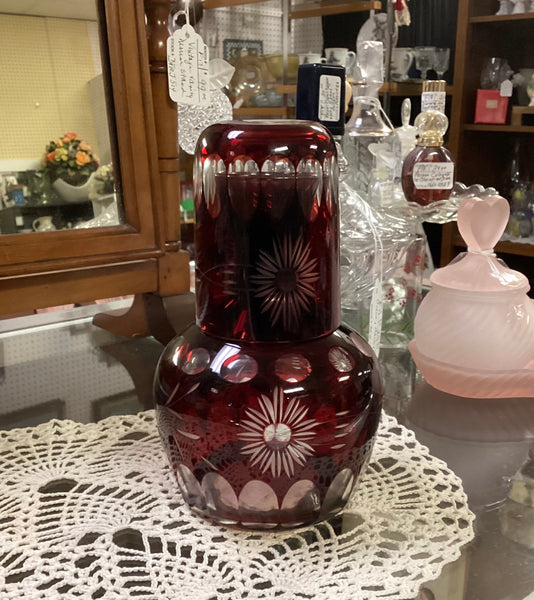 Czech Bohemian Ruby Red Cut to Clear Tumble Up Bedside Water Carafe