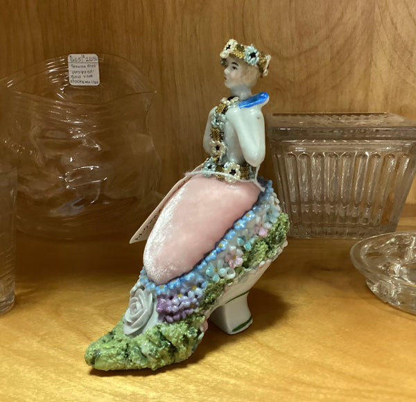 Bisque Figural Lady in a Shoe Pin Cushion