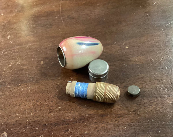 Miniature Wooden Egg Shaped Sewing Kit w/Thimble & Thread