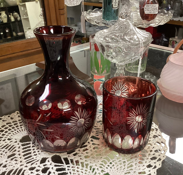 Czech Bohemian Ruby Red Cut to Clear Tumble Up Bedside Water Carafe