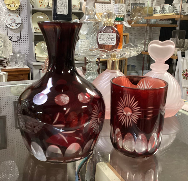 Czech Bohemian Ruby Red Cut to Clear Tumble Up Bedside Water Carafe