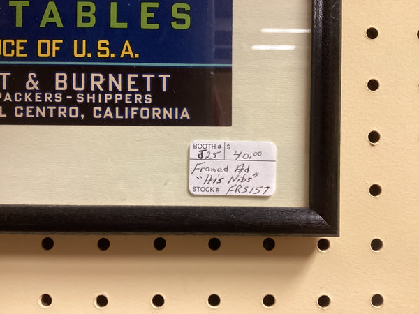 Framed Produce Crate Advertising Label “His Nibs Selected Vegetables”