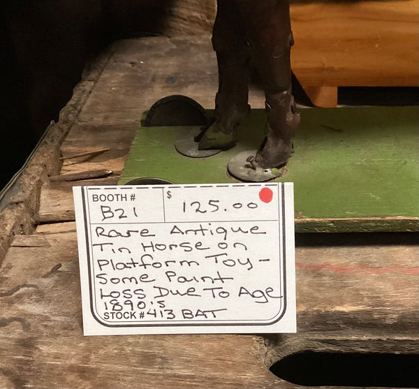 Circa 1890's Toy Tin Horse On Rolling Platform
