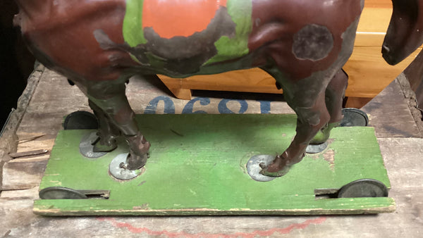 Circa 1890's Toy Tin Horse On Rolling Platform