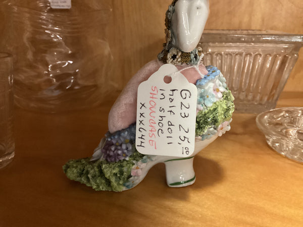 Bisque Figural Lady in a Shoe Pin Cushion
