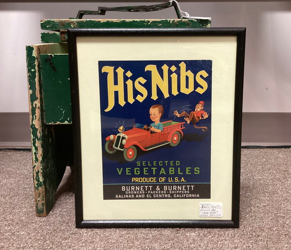 Framed Produce Crate Advertising Label “His Nibs Selected Vegetables”