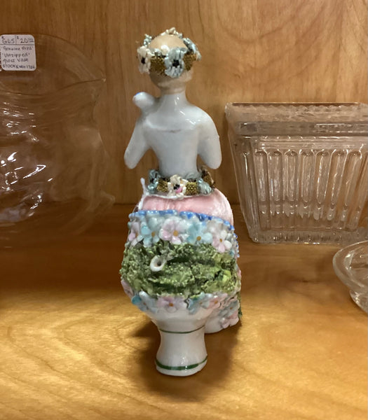 Bisque Figural Lady in a Shoe Pin Cushion