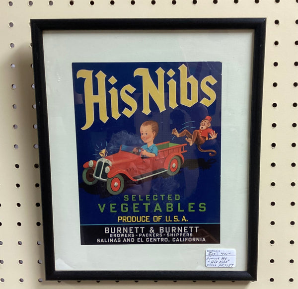 Framed Produce Crate Advertising Label “His Nibs Selected Vegetables”