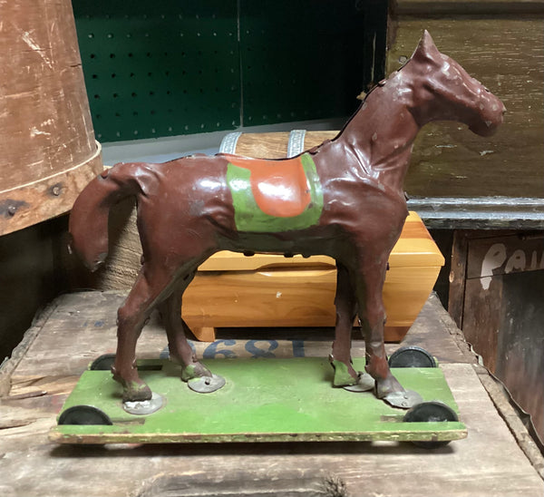 Circa 1890's Toy Tin Horse On Rolling Platform