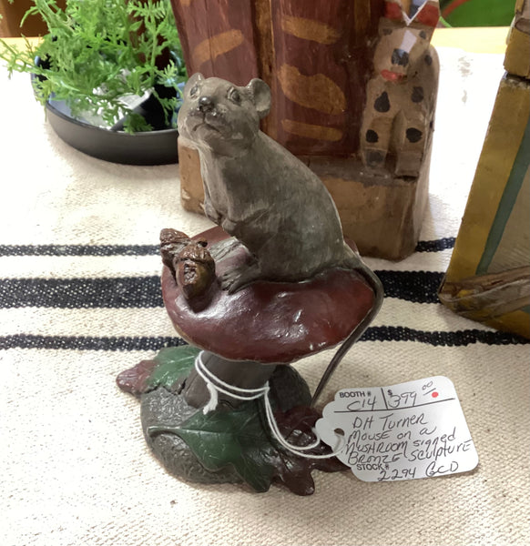 D.H. Turner Signed 1990 Bronze Mouse on Mushroom Sculpture