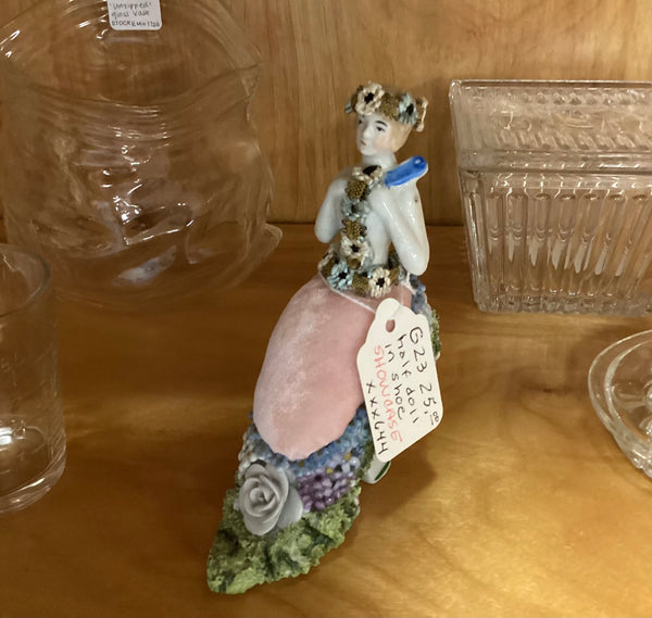 Bisque Figural Lady in a Shoe Pin Cushion