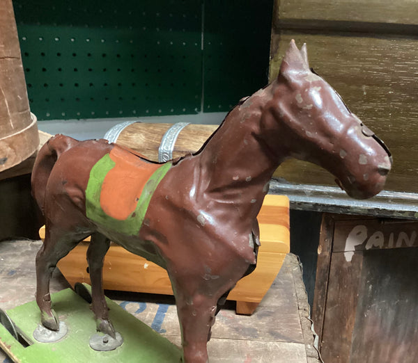 Circa 1890's Toy Tin Horse On Rolling Platform
