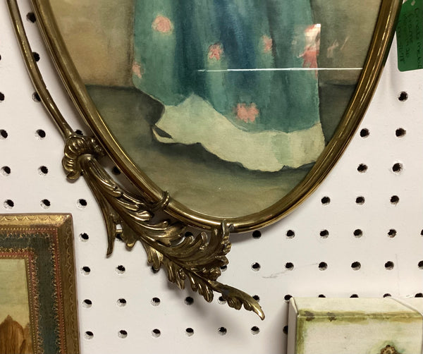 Antique Oval Ornate Metal Frame w/ Print of Woman