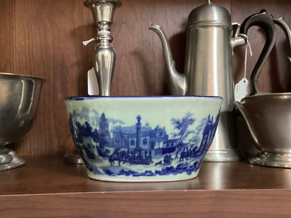 Ironstone Pudding Mold Blue Victorian Scene