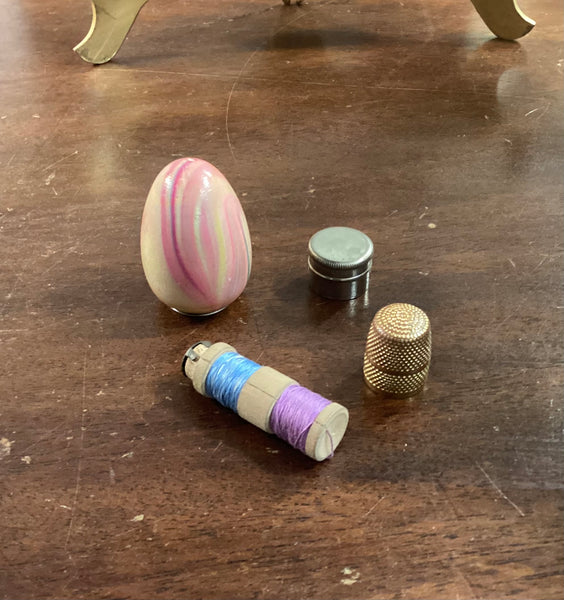 Miniature Wooden Egg Shaped Sewing Kit w/Thimble & Thread