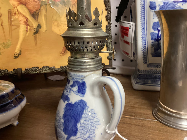 Blue & White Ironstone Oil Lamp with Glass Chimney