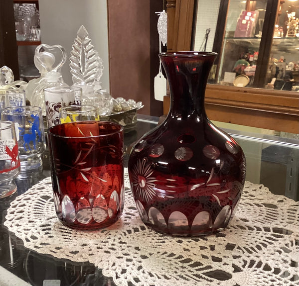 Czech Bohemian Ruby Red Cut to Clear Tumble Up Bedside Water Carafe