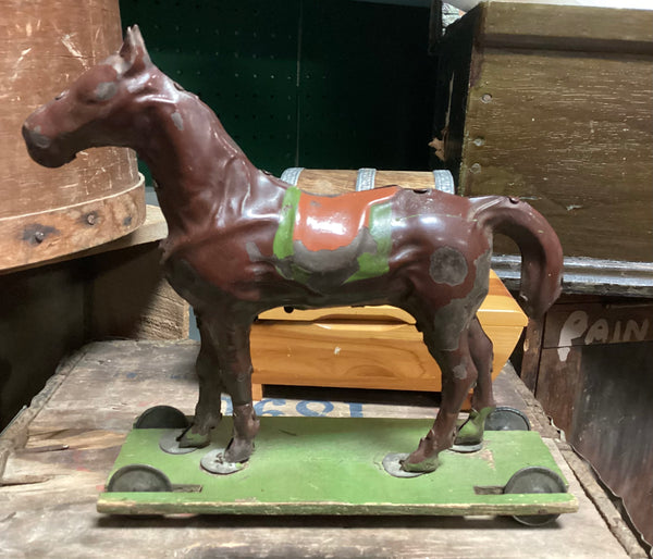 Circa 1890's Toy Tin Horse On Rolling Platform