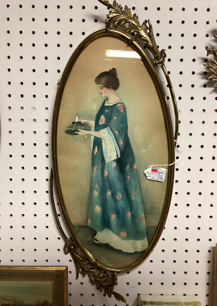 Antique Oval Ornate Metal Frame w/ Print of Woman