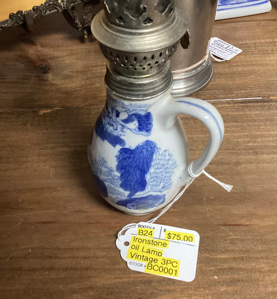 Blue & White Ironstone Oil Lamp with Glass Chimney
