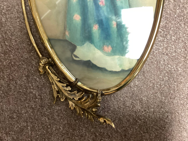 Antique Oval Ornate Metal Frame w/ Print of Woman