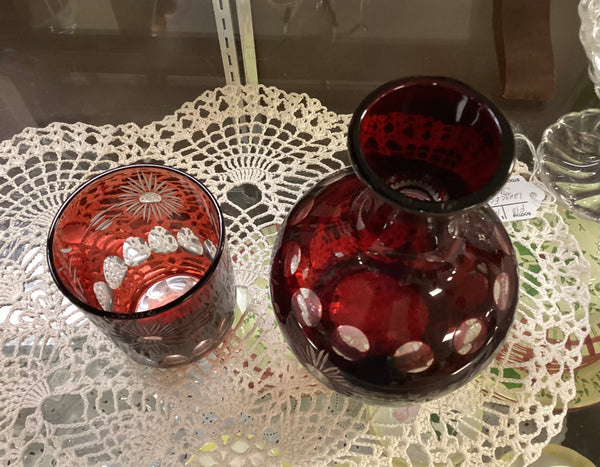 Czech Bohemian Ruby Red Cut to Clear Tumble Up Bedside Water Carafe