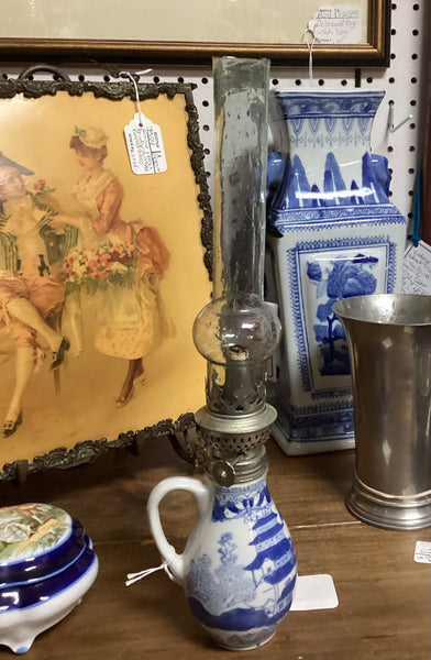 Blue & White Ironstone Oil Lamp with Glass Chimney