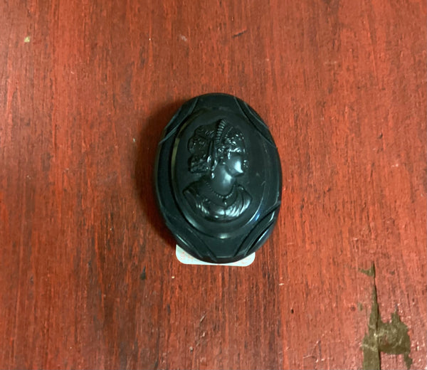 Black Oval Bakelite Cameo Brooch