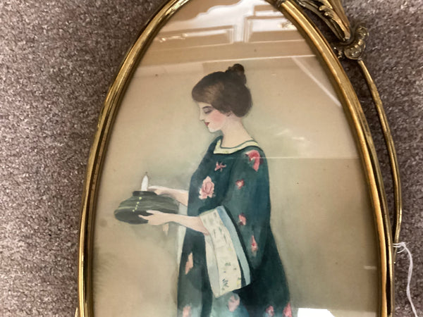 Antique Oval Ornate Metal Frame w/ Print of Woman