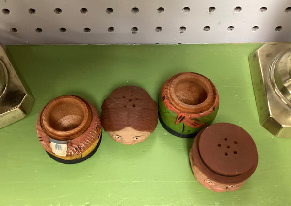 W.u.M Heinzeller Carved Painted Wood Man and Woman Salt & Pepper Shaker Set Germany