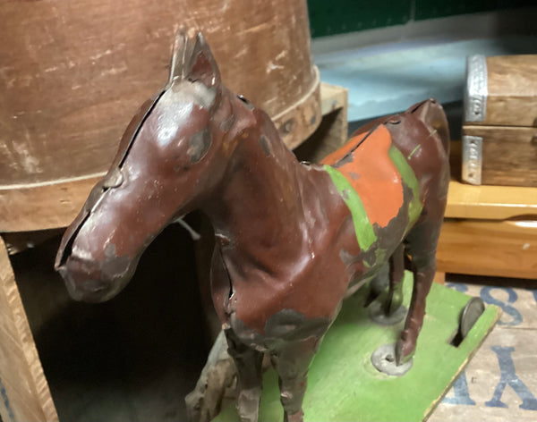 Circa 1890's Toy Tin Horse On Rolling Platform