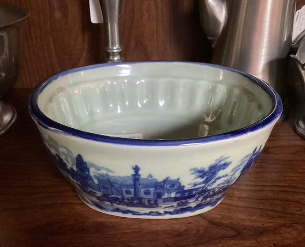 Ironstone Pudding Mold Blue Victorian Scene